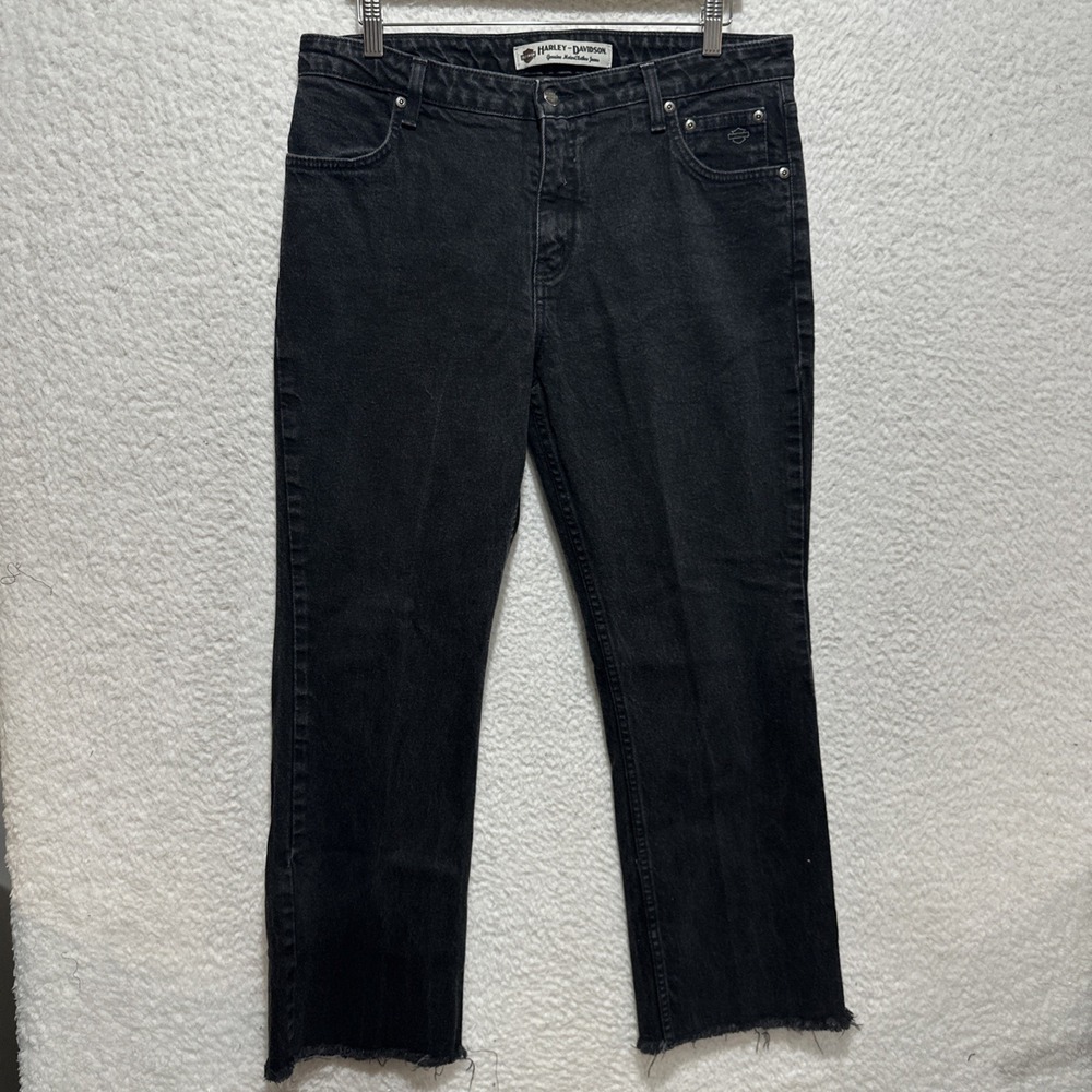 Harley Davidson Bootcut Women's Size 16 Black Denim Crop Jeans Raw Frayed Hem